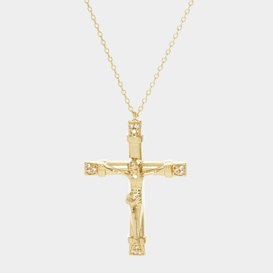 Gold Dipped CZ Embellished Jesus death on the Cross Pendant Necklace