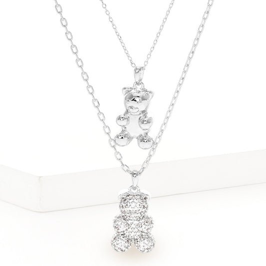 White Gold Dipped CZ Embellished Metal Bear Pendant Double Layered Necklace