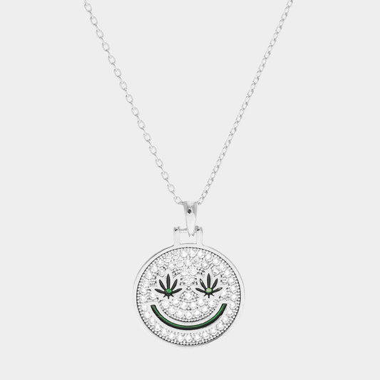 White Gold Dipped Hemp Leaf Pointed CZ Smile Pendant Necklace