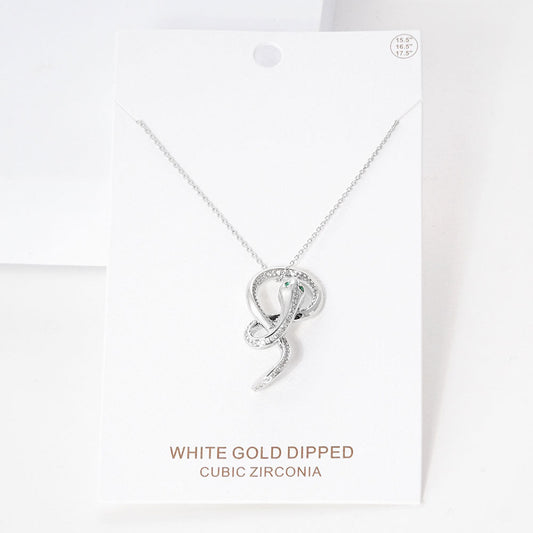 White Gold Dipped CZ Embellished Metal Snake Pendant Necklace