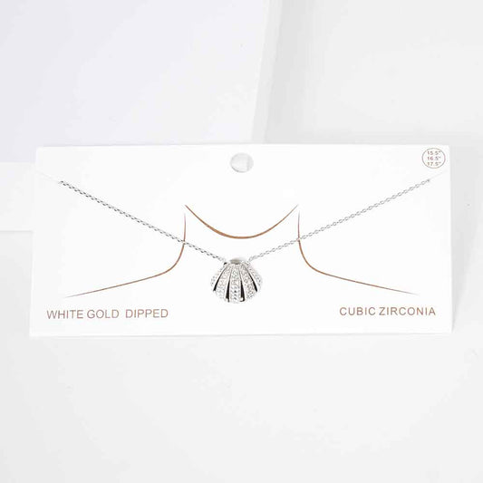 White Gold Dipped CZ Embellished Metal Shell Pendant Necklace