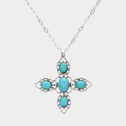 Oval Western Turquoise Stone Pointed Cross Pendant Necklace