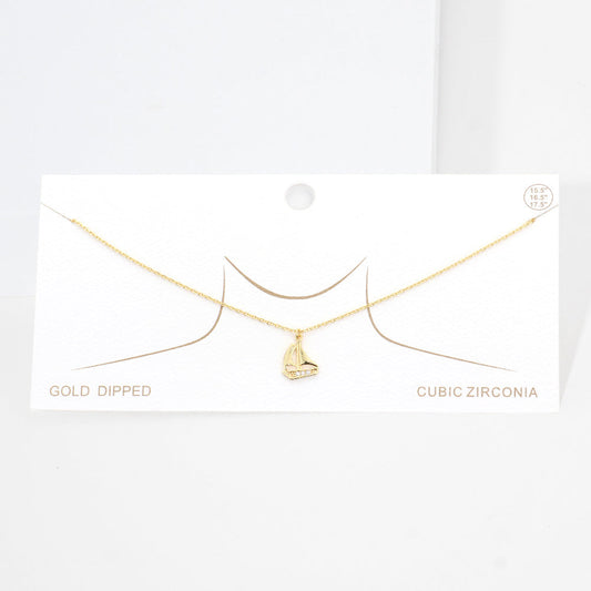 Gold Dipped CZ Embellished Sailboat Pendant Necklace