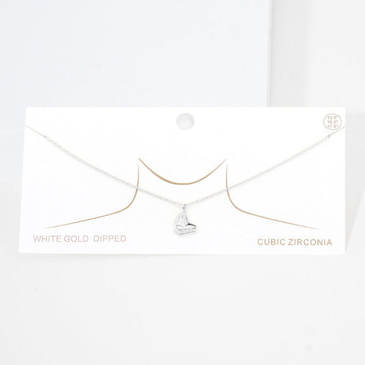 White Gold Dipped CZ Embellished Sailboat Pendant Necklace