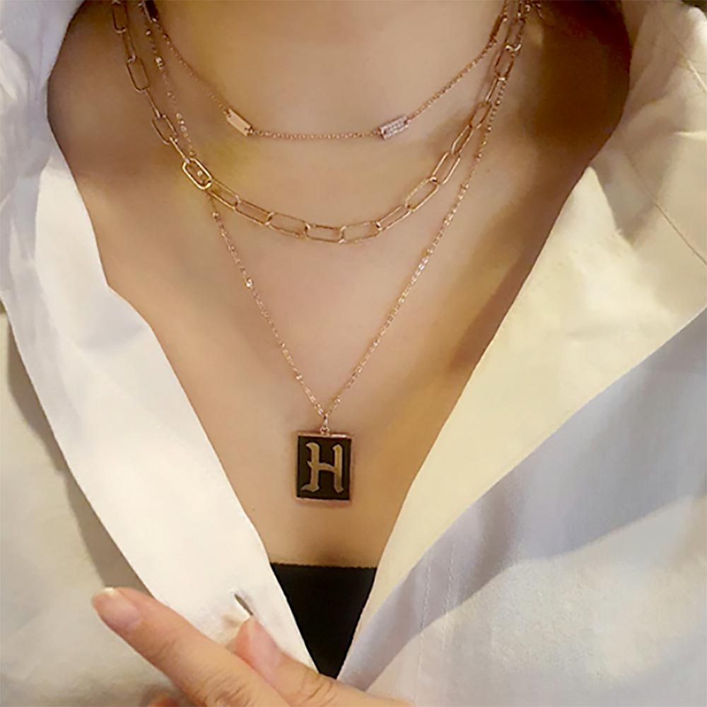 -H- Gold Dipped Enamel Rectangle Initial Monogram Pendant Necklace