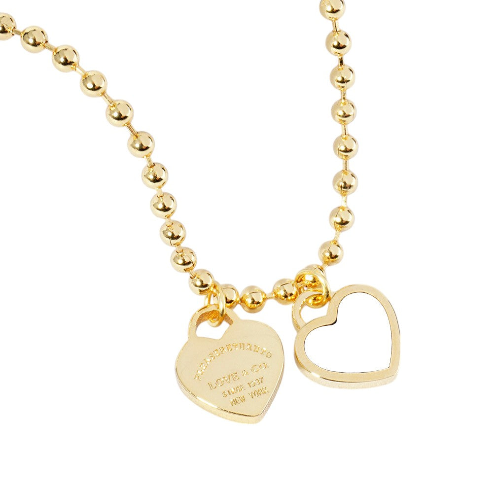 Gold Dipped Double Heart Pendant Bubble Chain Necklace