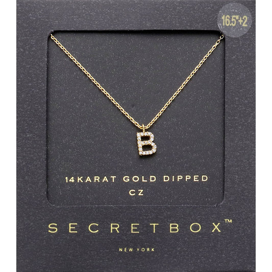 -B- Secret Box _ 14K Gold Dipped CZ Initial Monogram Pendant Necklace