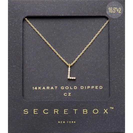 -L- Secret Box _ 14K Gold Dipped CZ Initial Monogram Pendant Necklace