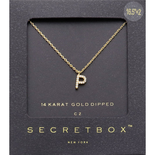 -P- Secret Box _ 14K Gold Dipped CZ Initial Monogram Pendant Necklace