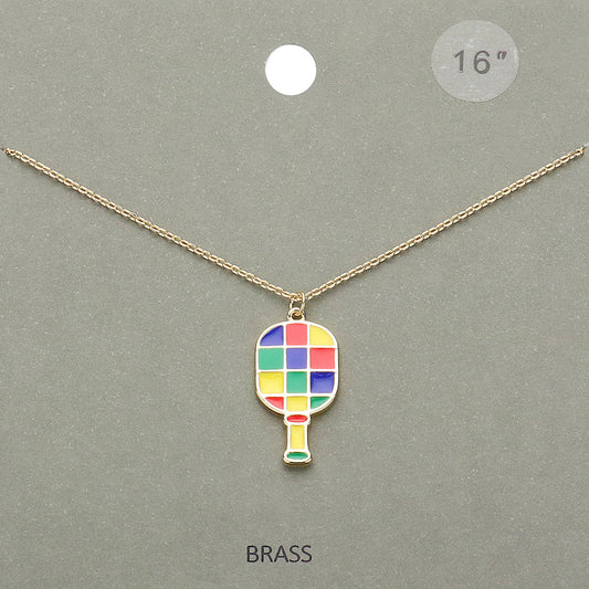 Enamel Checkered Pickleball Paddle Pendant Necklace