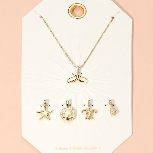 Metal Whale Tale Starfish Turtle Sun CZ Teardrop Stone Charm Pendant Necklace