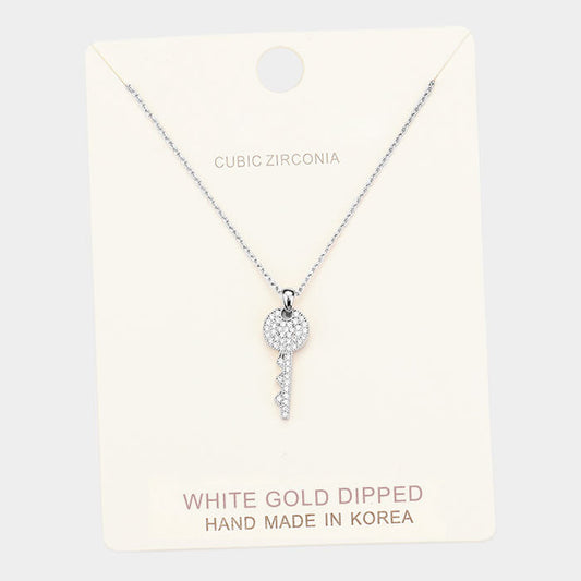 White Gold Dipped Cubic Zirconia Key Pendant Necklace