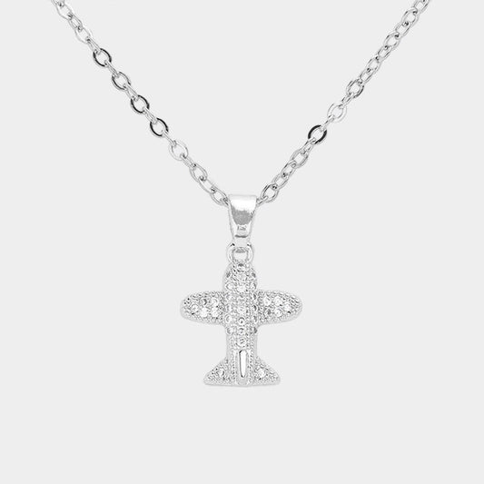 CZ Stone Paved Airplane Pendant Stainless Steel Necklace