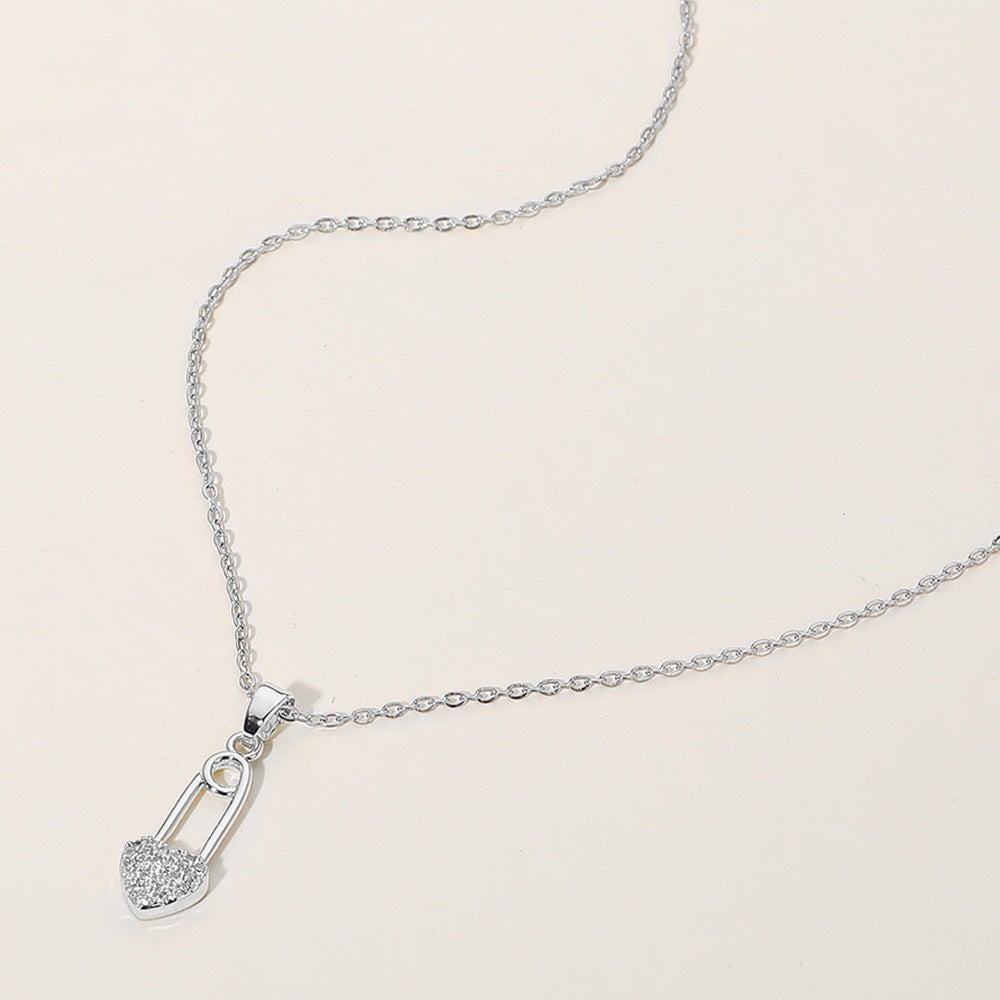 Stainless Steel Stone Paved Heart Safety Pin Pendant Necklace