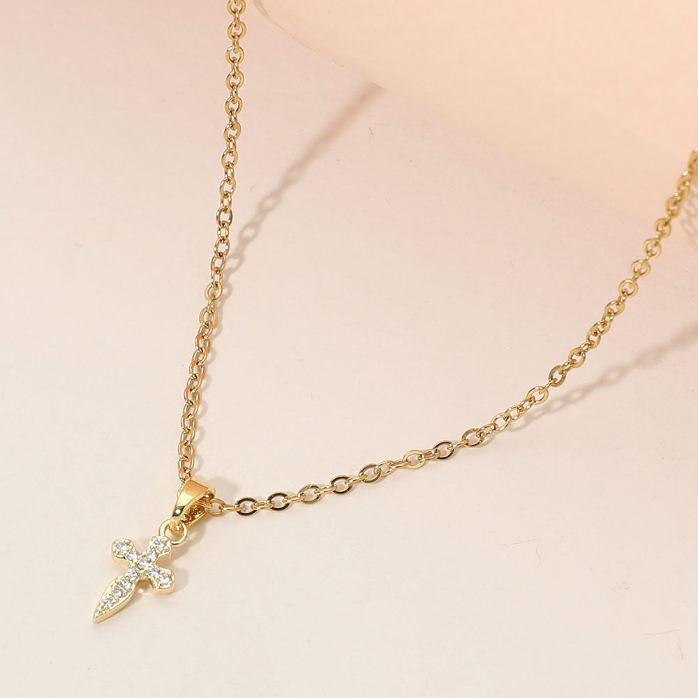 Stainless Steel Mini CZ Stone Pave Cross Pendant Necklace