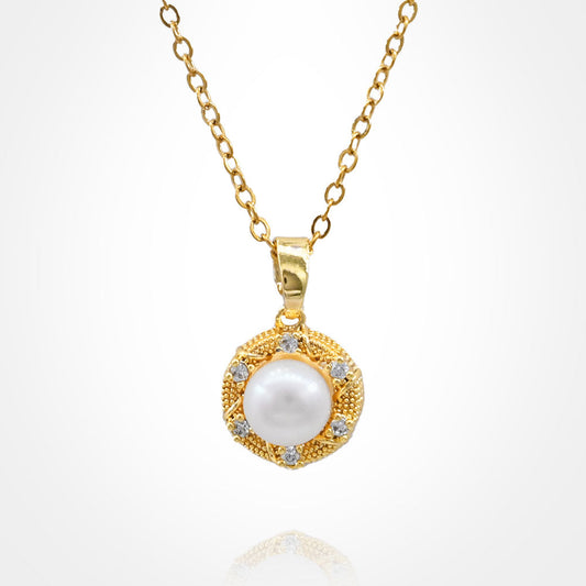 Stainless Steel CZ Stone Rim Pearl Pendant Necklace