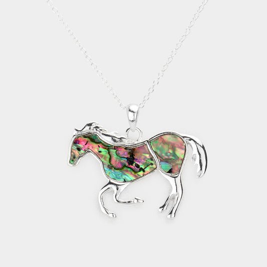 Abalone Embossed Metal Horse Pendant Necklace
