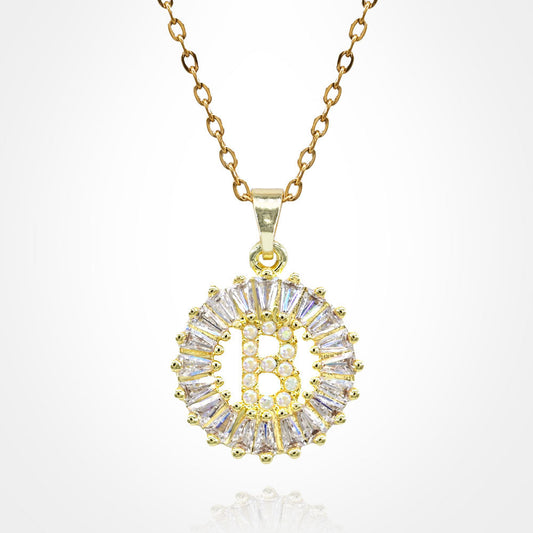 -B- Stainless Steel CZ Stone Embellished Round Initial Monogram Pendant Necklace