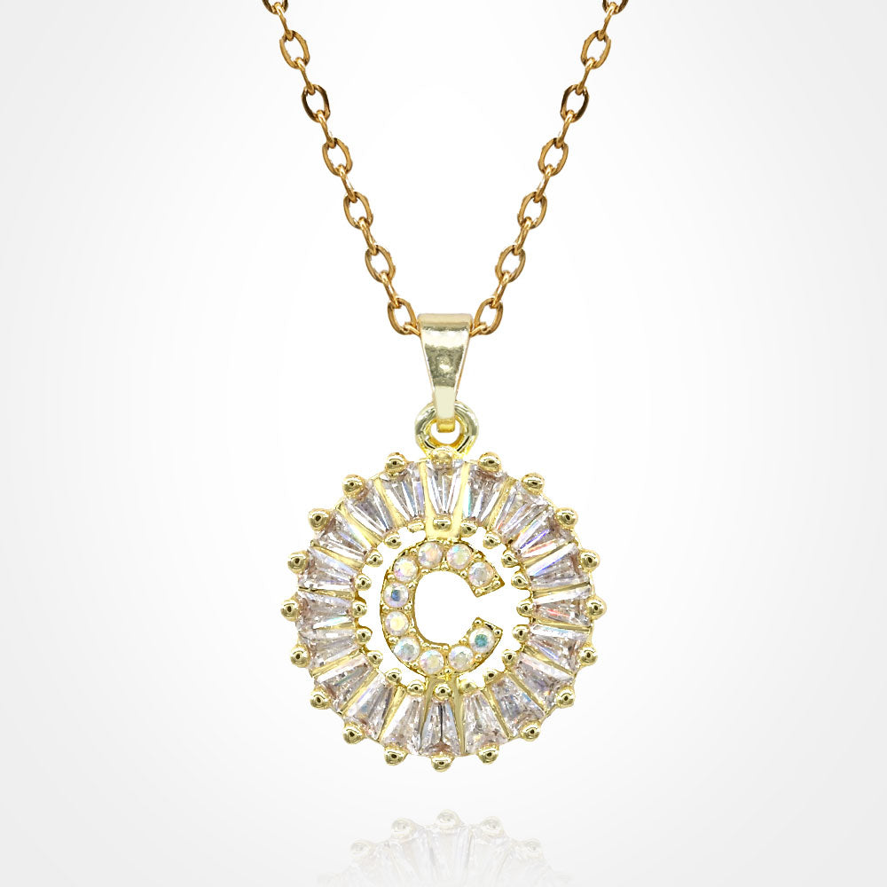 -C- Stainless Steel CZ Stone Embellished Round Initial Monogram Pendant Necklace