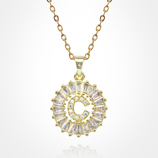-C- Stainless Steel CZ Stone Embellished Round Initial Monogram Pendant Necklace