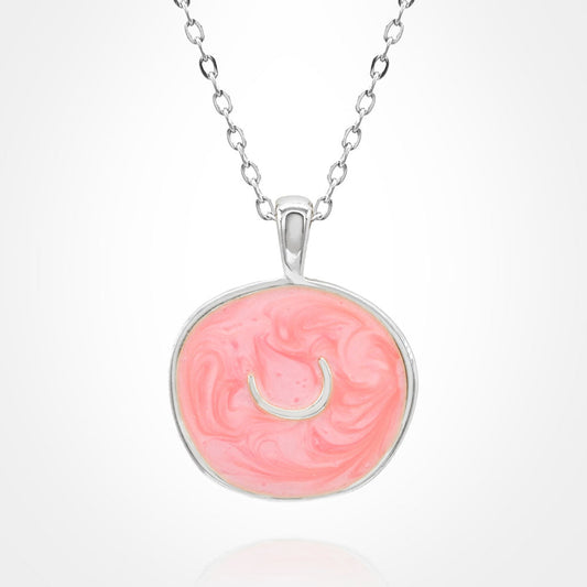 Stainless Steel Swirl Enamel Tilted Crescent Embossed Pendant Necklace