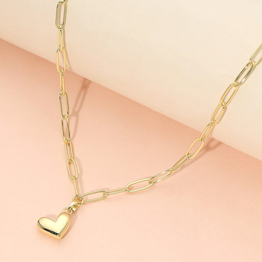 Stainless Steel Heart Pendant Paperclip Chain Necklace