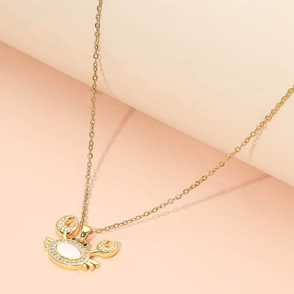 Stainless Steel Mother of Pearl CZ Stone Paved Crab Charm Pendant Necklace