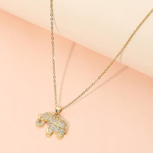 Stainless Steel CZ Stone Paved Elephant Charm Pendant Necklace