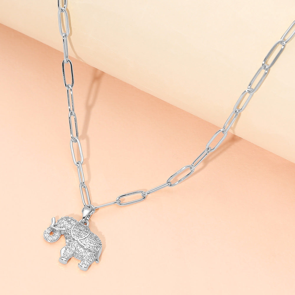 Stainless Steel CZ Stone Paved Elephant Charm Pendant Paperclip Chain Necklace