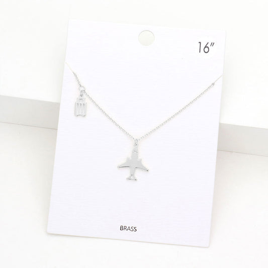 Brass Metal Airplane Suitcase Pendant Necklace