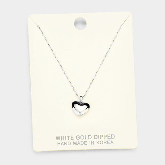 White Gold Dipped Metal Heart Pendant Necklace