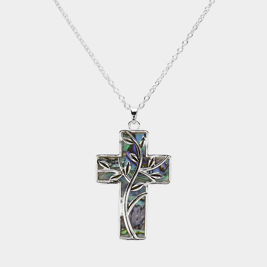 Leaf Vine Pointed Abalone Cross Pendant Necklace