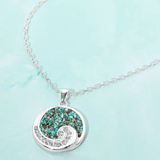 Crushed Pebble Swirl Wave Round Pendant Necklace