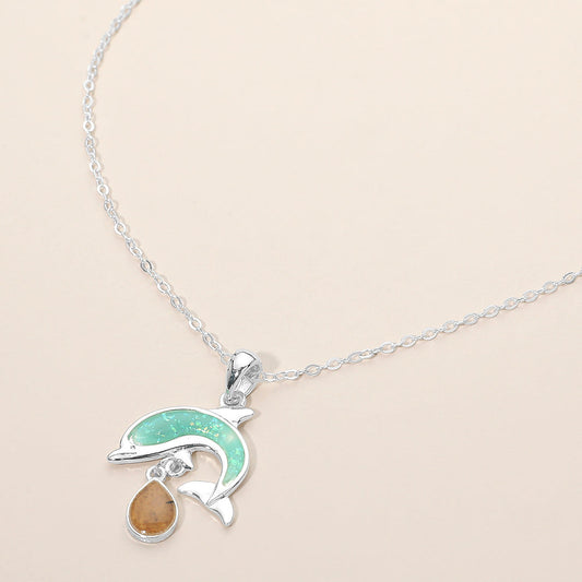 Dolphin Teardrop Charm Pendant Necklace