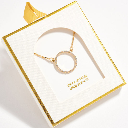 18K Gold Filled CZ Stone Paved Circle Pendant Necklace