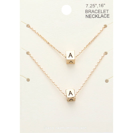 2PCS - -A- Initial Monogram Metal Cube Pendant Necklace / Bracelet Set