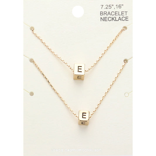 2PCS - -E- Initial Monogram Metal Cube Pendant Necklace / Bracelet Set
