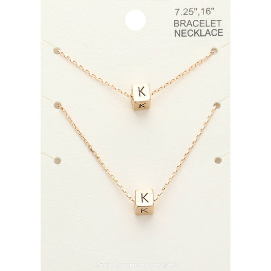 2PCS - -K- Initial Monogram Metal Cube Pendant Necklace / Bracelet Set