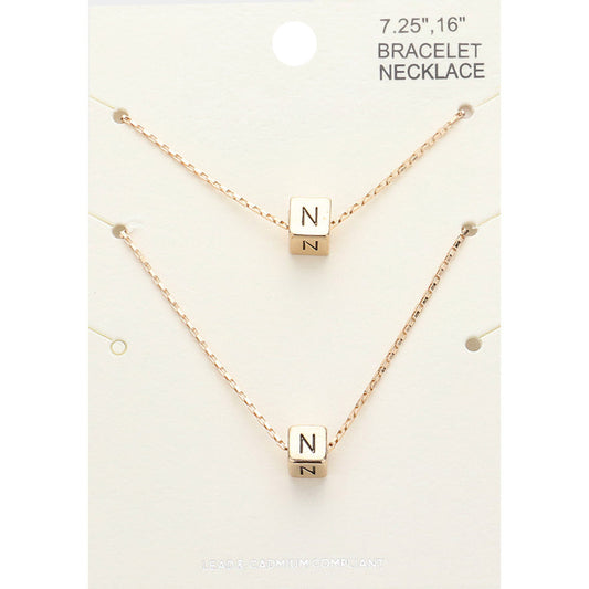 2PCS - -N- Initial Monogram Metal Cube Pendant Necklace / Bracelet Set