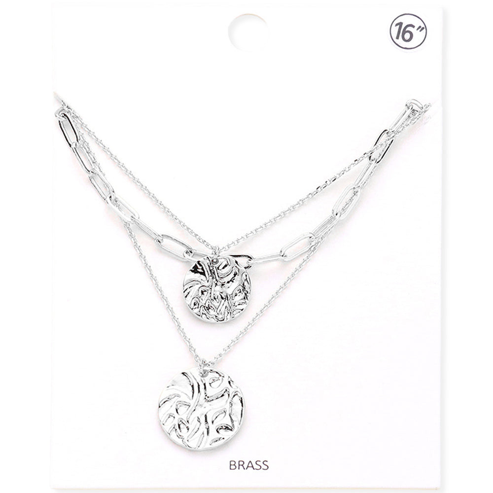 Brass Metal Crushed Metal Disc Pendant Triple Layered Necklace