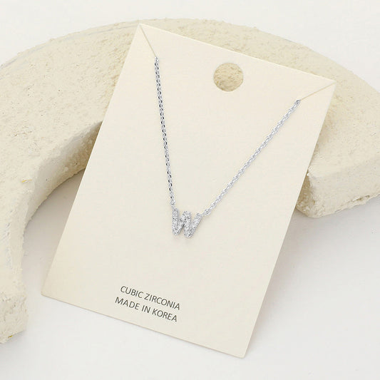 -W- CZ Stone Paved Initial Monogram Pendant Necklace