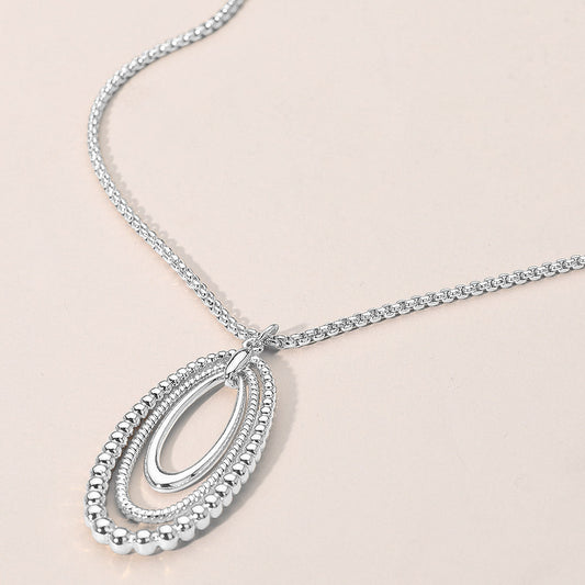 Metal Beaded Edge Layered Open Oval Pendant Necklace