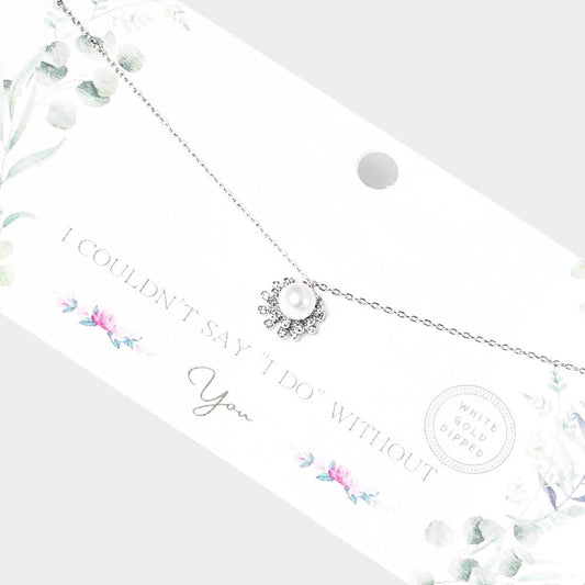 White Gold Dipped Pearl Accented CZ Trimmed Pendant Necklace
