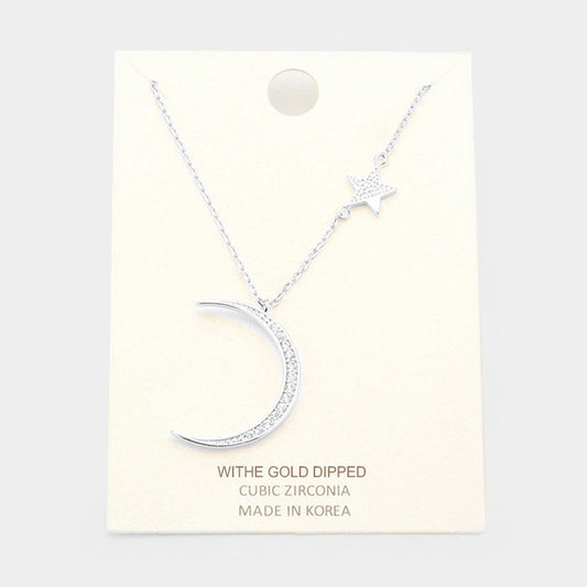 White Gold Dipped Cubic Zirconia Moon Star Pendant Necklace