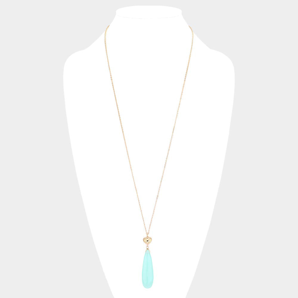 Metal Heart Teardrop Natural Stone Link Pendant Long Necklace