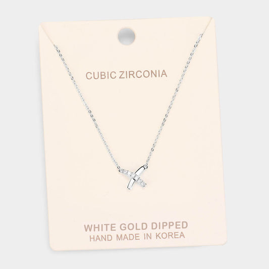White Gold Dipped Cubic Zirconia Crisscross Pendant Necklace