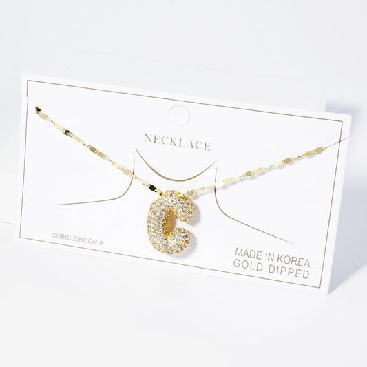 -C- Gold Dipped CZ Stone Paved Initial Monogram Pendant Necklace