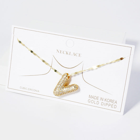 -V- Gold Dipped CZ Stone Paved Initial Monogram Pendant Necklace
