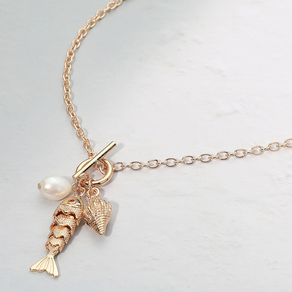 Pearl Conch Shell Fish Charm Toggle Pendant Necklace