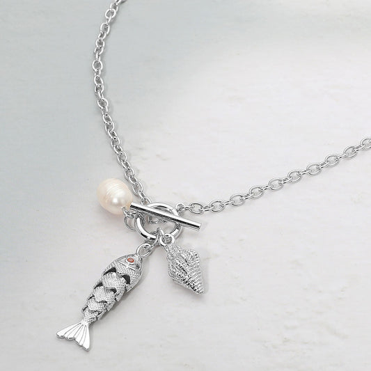 Pearl Conch Shell Fish Charm Toggle Pendant Necklace